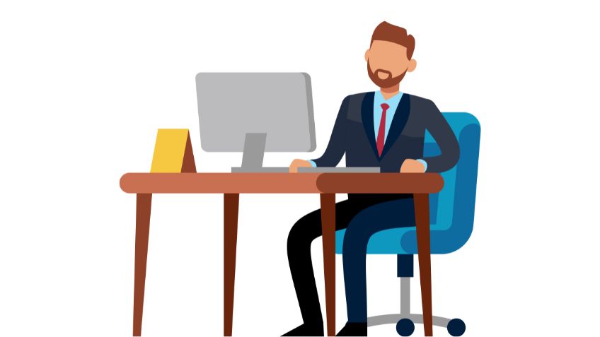 Ilustração de uma pessoa de terno e gravata, sentada em uma mesa com um computador e uma pasta amarela. Elas estão em uma cadeira de escritório azul, colocadas contra um fundo branco simples, simbolizando o ambiente profissional frequentemente visto nos Colegiados do TCE-PR.